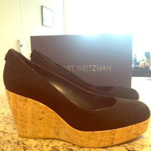 Stuart Weitzman Black Suede Platform Cork Wedge